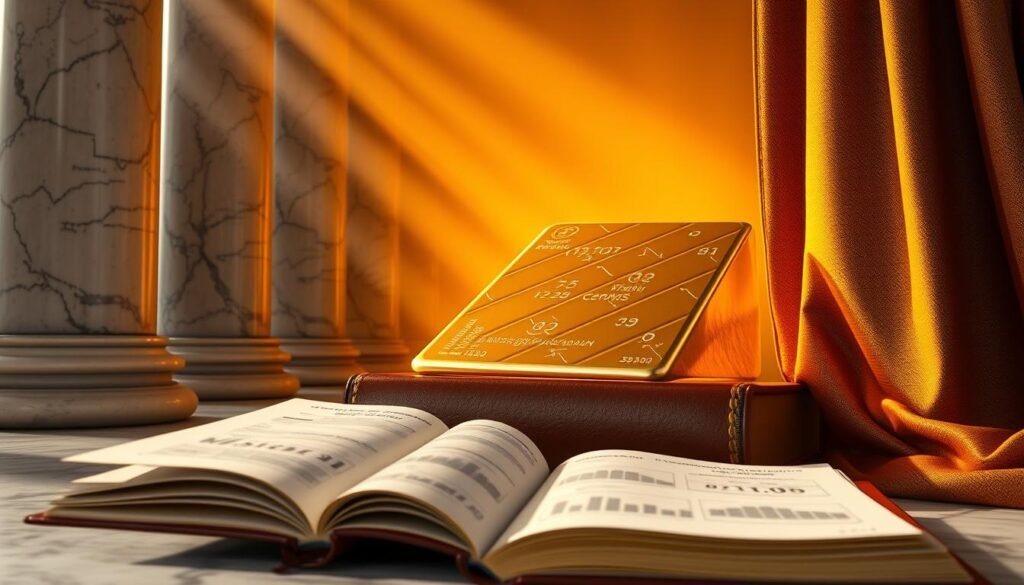 A majestic golden ingot casts a warm, inviting glow against a backdrop of stately marble columns and rich, textured fabrics. Rays of soft, directional lighting caress the ingot's surface, accentuating the intricate patterns and subtle sheen. In the foreground, a luxurious leather-bound book lies open, its pages filled with financial data and graphs, hinting at the enduring value of gold as a strategic wealth-building asset. The overall scene exudes a sense of timeless elegance and financial security, capturing the essence of gold's role in building and preserving generational wealth.