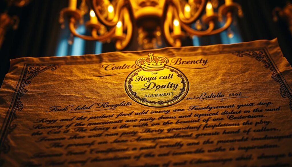 A majestic golden seal embossed on richly textured parchment, illuminating the intricate details of a royal gold royalty agreement. The refined calligraphy and ornate flourishes evoke a sense of timeless elegance. In the background, a lavish chandelier casts a warm, amber glow, highlighting the document's importance. Soft shadows and highlights accentuate the document's depth and dimensionality, as if frozen in a moment of historical significance. The overall composition conveys the weight and gravitas of the subject matter, a visual representation of the "Fundamentals of Gold Royalties".