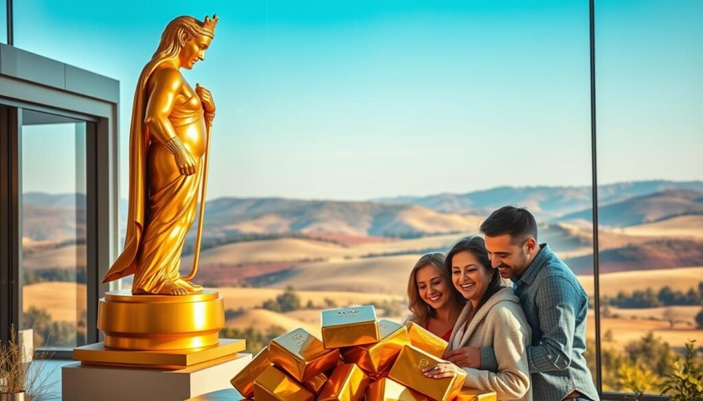 A majestic golden statue stands tall, symbolizing the enduring strength and stability of family wealth management. In the foreground, a family gathers around a gleaming gold bullion, their faces reflecting the warmth and security it provides. The middle ground features a sleek, modern office space, with floor-to-ceiling windows that cast a soft, golden glow over the scene. In the background, a serene landscape of rolling hills and a clear, blue sky serves as a tranquil backdrop, evoking a sense of timeless prosperity. The lighting is natural and ambient, creating a sense of elegance and sophistication. The overall composition conveys the importance of gold as a cornerstone asset in preserving and growing family wealth for generations to come. A majestic golden statue stands tall, symbolizing the enduring strength and stability of family wealth management. In the foreground, a family gathers around a gleaming gold bullion, their faces reflecting the warmth and security it provides. The middle ground features a sleek, modern office space, with floor-to-ceiling windows that cast a soft, golden glow over the scene. In the background, a serene landscape of rolling hills and a clear, blue sky serves as a tranquil backdrop, evoking a sense of timeless prosperity. The lighting is natural and ambient, creating a sense of elegance and sophistication. The overall composition conveys the importance of gold as a cornerstone asset in preserving and growing family wealth for generations to come.