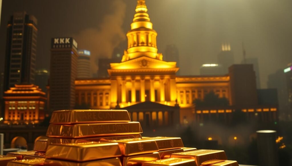 A majestic golden tower representing a central bank rises majestically against a backdrop of a dimly lit, opulent financial district. The tower is adorned with intricate details, casting warm, golden light that illuminates the scene. In the foreground, a stack of shimmering gold bars symbolizes the recent surge in central bank gold acquisitions, conveying a sense of stability and wealth in the face of economic uncertainty. The image is captured through a wide-angle lens, creating a sense of depth and grandeur, with soft, dramatic lighting and a subtle haze, evoking a sense of power and significance. A majestic golden tower representing a central bank rises majestically against a backdrop of a dimly lit, opulent financial district. The tower is adorned with intricate details, casting warm, golden light that illuminates the scene. In the foreground, a stack of shimmering gold bars symbolizes the recent surge in central bank gold acquisitions, conveying a sense of stability and wealth in the face of economic uncertainty. The image is captured through a wide-angle lens, creating a sense of depth and grandeur, with soft, dramatic lighting and a subtle haze, evoking a sense of power and significance.
