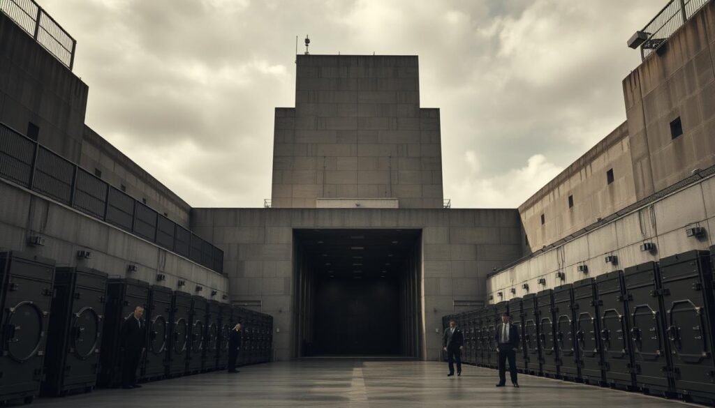 A massive, fortified concrete bunker stands tall against a muted, overcast sky. The entrance is guarded by high-security fencing and surveillance cameras, exuding an air of impenetrable safety. Inside, rows of heavy steel vaults line the cavernous halls, their thick doors secured with advanced locking mechanisms. Soft, indirect lighting casts long shadows, creating an atmosphere of seriousness and exclusivity. Uniformed security personnel patrol the corridors, ensuring the utmost protection for the precious metal stored within. The scene conveys a sense of power, stability, and the meticulous attention to detail that discerning investors demand for their offsite gold storage needs.