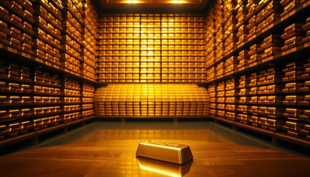 A massive gold bullion vault, its walls lined with gleaming stacks of golden bars. Soft, warm lighting illuminates the scene, casting a rich, golden glow. In the foreground, a single gold bar rests on a polished wooden table, its facets reflecting the light. The middle ground reveals row upon row of meticulously organized gold reserves, each bar a testament to a nation's economic might. The background fades into a muted, elegant interior, hinting at the power and influence wielded by the central bank that safeguards these precious resources.