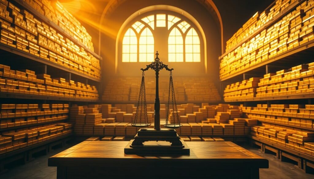 A massive vault filled with gleaming gold bars, stacked meticulously in rows. The warm, golden light filters through the high-arched windows, casting a soft glow over the scene. In the foreground, a large wooden table stands, upon which an ornate scale rests, used to precisely measure the weight of the precious metal. The atmosphere exudes a sense of power, stability, and the strategic importance of gold reserves to central banks. The perspective is from a slightly elevated angle, capturing the grandeur and magnitude of the central bank's gold holdings. A massive vault filled with gleaming gold bars, stacked meticulously in rows. The warm, golden light filters through the high-arched windows, casting a soft glow over the scene. In the foreground, a large wooden table stands, upon which an ornate scale rests, used to precisely measure the weight of the precious metal. The atmosphere exudes a sense of power, stability, and the strategic importance of gold reserves to central banks. The perspective is from a slightly elevated angle, capturing the grandeur and magnitude of the central bank's gold holdings.