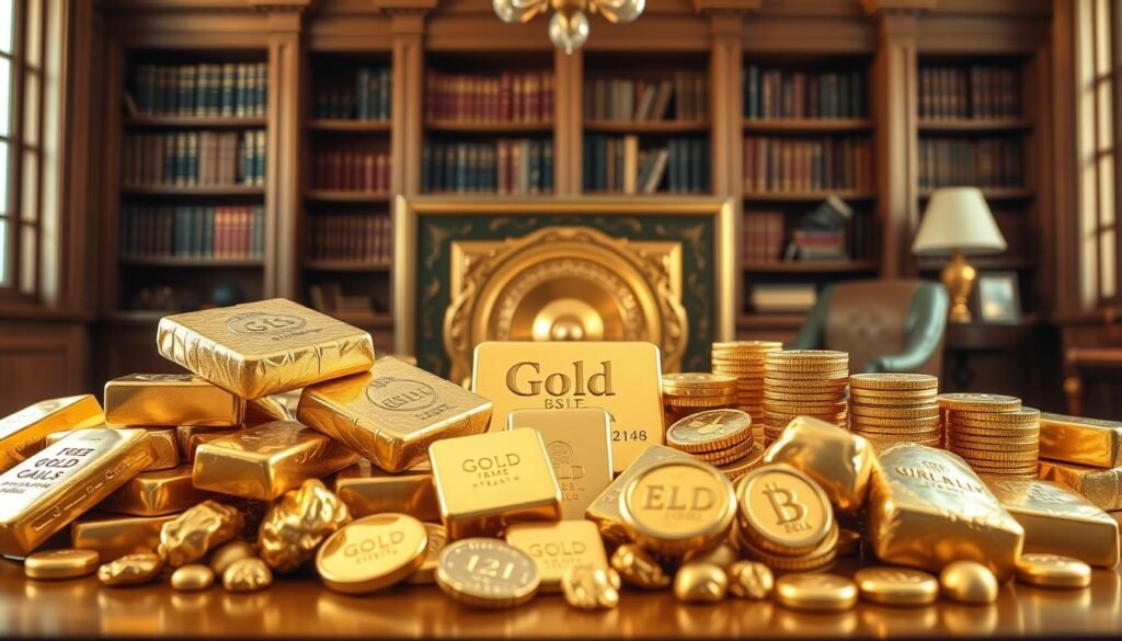 A meticulously crafted scene depicting various types of gold investments worth passing down through generations. In the foreground, a collection of shimmering gold bars, coins, and nuggets arranged with precision against a soft, warm light. In the middle ground, a vintage-inspired safe or storage unit, its ornate details reflecting the timeless allure of gold. The background features a serene, wood-paneled study, with bookshelves filled with tomes on financial history and investment strategies. The overall atmosphere conveys a sense of legacy, stability, and the enduring value of gold as a reliable asset to be cherished and passed on. A meticulously crafted scene depicting various types of gold investments worth passing down through generations. In the foreground, a collection of shimmering gold bars, coins, and nuggets arranged with precision against a soft, warm light. In the middle ground, a vintage-inspired safe or storage unit, its ornate details reflecting the timeless allure of gold. The background features a serene, wood-paneled study, with bookshelves filled with tomes on financial history and investment strategies. The overall atmosphere conveys a sense of legacy, stability, and the enduring value of gold as a reliable asset to be cherished and passed on.
