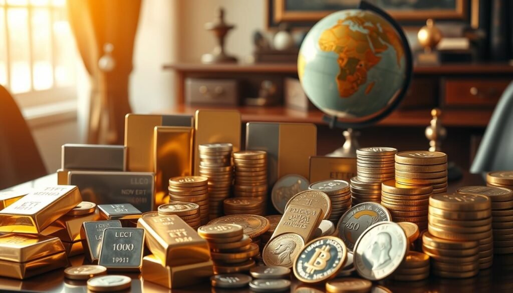 A meticulously crafted still life, bathed in warm, golden light, showcasing an array of prestigious precious metal investment options. In the foreground, a collection of gleaming gold and silver bullion bars, ingots, and coins, arranged with precision. The middle ground features an elegant display of diverse precious metal ETFs, bars, and coins, each reflecting the quality and allure of global markets. In the background, a refined wooden desk with a vintage globe, evoking the international scope of precious metals investment. The overall composition exudes a sense of sophistication, stability, and the enduring value of diversifying one's portfolio with these timeless assets. A meticulously crafted still life, bathed in warm, golden light, showcasing an array of prestigious precious metal investment options. In the foreground, a collection of gleaming gold and silver bullion bars, ingots, and coins, arranged with precision. The middle ground features an elegant display of diverse precious metal ETFs, bars, and coins, each reflecting the quality and allure of global markets. In the background, a refined wooden desk with a vintage globe, evoking the international scope of precious metals investment. The overall composition exudes a sense of sophistication, stability, and the enduring value of diversifying one's portfolio with these timeless assets.