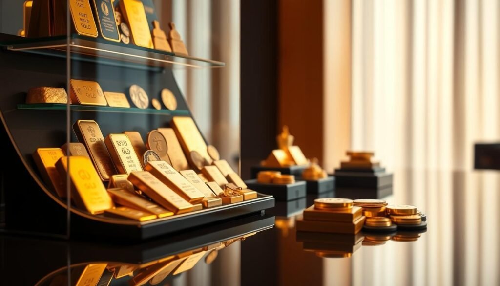A meticulously curated gold index portfolio, showcasing an array of gleaming gold bars, coins, and bullion. The foreground features a sleek, modern display case, the gold pieces arranged in a visually striking composition. The middle ground depicts a reflective surface, creating a sense of depth and elegance. In the background, a warm, amber-toned lighting bathes the scene, evoking a sense of wealth and sophistication. The overall atmosphere is one of careful curation, precision, and the timeless allure of gold as a financial asset. A meticulously curated gold index portfolio, showcasing an array of gleaming gold bars, coins, and bullion. The foreground features a sleek, modern display case, the gold pieces arranged in a visually striking composition. The middle ground depicts a reflective surface, creating a sense of depth and elegance. In the background, a warm, amber-toned lighting bathes the scene, evoking a sense of wealth and sophistication. The overall atmosphere is one of careful curation, precision, and the timeless allure of gold as a financial asset.