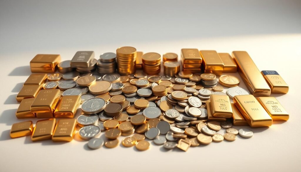 A meticulously curated portfolio of precious metals laid out in a visually striking composition. In the foreground, a gleaming array of gold bars, silver coins, and platinum ingots arranged with precision. In the middle ground, a diverse scatter of other rare metals like palladium and rhodium, each reflecting the warm light casting soft shadows. The background features a clean, minimalist setting with a soft, diffused lighting that accentuates the metallic textures and hues. The overall atmosphere conveys a sense of balance, stability, and the fundamental principles of diversification that safeguard wealth.