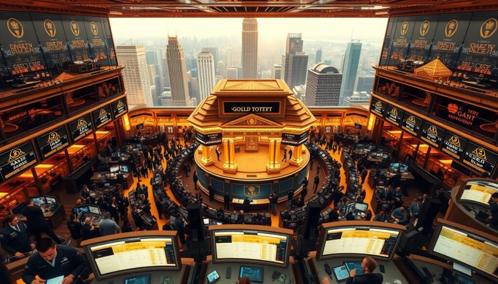 A meticulously detailed 3D rendering of a dynamic gold trading floor, captured from a sweeping overhead perspective. The foreground features a bustling crowd of traders engaged in lively transactions, their expressions intense as they monitor fluctuating gold prices on digital displays. The middle ground showcases a grand central trading hub with intricate architectural details, illuminated by warm, golden lighting. In the background, a panoramic view of gleaming skyscrapers and a vibrant cityscape, hinting at the far-reaching economic influence of the gold market. The overall scene conveys a sense of energy, precision, and the high-stakes nature of gold trading.