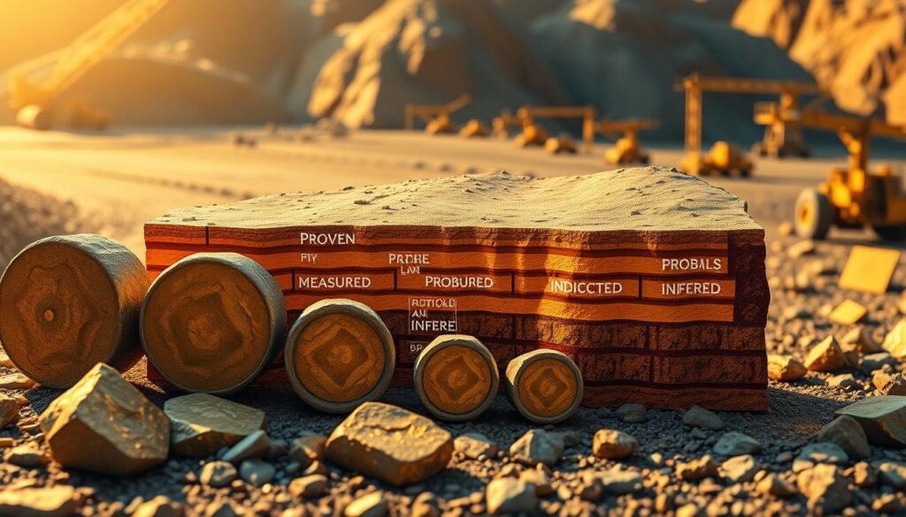 A meticulously detailed cross-section illustration of the gold reserve classification system, rendered with a technical, scientific aesthetic. In the foreground, various rock core samples representing different categories of gold reserves - proven, probable, measured, indicated, and inferred. The middle ground features a detailed geological diagram mapping out the underground gold deposit, with labeled strata and mineralogical layers. The background depicts an austere, industrial landscape of mining equipment and infrastructure, bathed in warm, golden lighting to evoke the precious metal. The overall composition conveys the rigorous, data-driven process of classifying and quantifying a gold mine's economic viability.