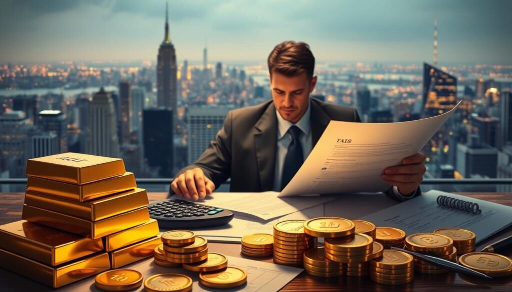 A meticulously detailed illustration of the tax implications of gold investments for U.S. investors. In the foreground, a stack of gold bars and coins casts a warm glow, surrounded by financial documents and a calculator. The middle ground features a well-dressed investor reviewing tax forms, brow furrowed in contemplation. In the background, a panoramic view of a bustling city skyline, underscoring the complex financial landscape. Soft, directional lighting illuminates the scene, creating a pensive, contemplative atmosphere. The composition emphasizes the interplay between the tangible wealth of gold and the intricacies of tax regulations, guiding the viewer through the nuances of this critical financial decision.