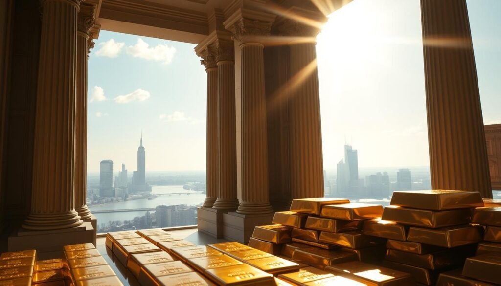 A meticulously detailed oil painting of the gold standard in central banking. The foreground features a stack of gold bullion bars, their lustrous surfaces reflecting the light. In the middle ground, a grand, neoclassical banking hall with towering columns and ornate details. Sunlight streams in through large windows, casting a warm glow. In the background, a city skyline with skyscrapers and a river. The overall atmosphere is one of stability, prestige, and the enduring importance of gold in the world of finance. A meticulously detailed oil painting of the gold standard in central banking. The foreground features a stack of gold bullion bars, their lustrous surfaces reflecting the light. In the middle ground, a grand, neoclassical banking hall with towering columns and ornate details. Sunlight streams in through large windows, casting a warm glow. In the background, a city skyline with skyscrapers and a river. The overall atmosphere is one of stability, prestige, and the enduring importance of gold in the world of finance.