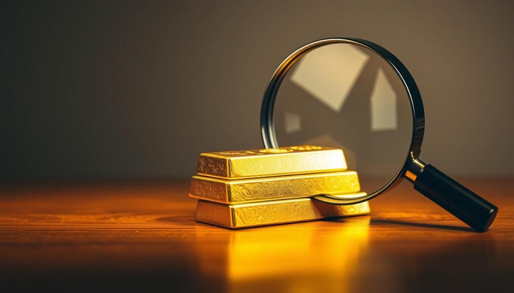 A meticulously detailed still life scene of a luxurious gold bullion investment. The foreground features a gleaming stack of gold bars resting on a polished wooden surface, their warm glow reflecting off the smooth, mirrored surface. In the middle ground, a vintage magnifying glass casts a sharp, focused beam of light onto the bars, highlighting their intricate texture and purity. The background is a muted, neutral backdrop, allowing the gold to take center stage and convey a sense of timeless, enduring value. The lighting is soft and natural, casting gentle shadows that accentuate the depth and dimensionality of the scene. The overall mood is one of sophistication, exclusivity, and the enduring allure of gold as a reliable investment.