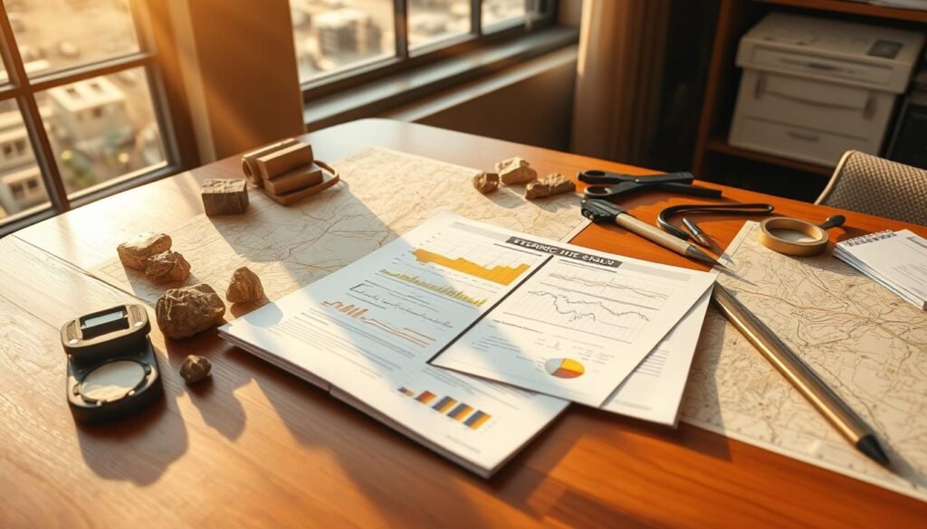 A meticulously detailed technical report on gold exploration lies open on a polished wooden desk, surrounded by geological maps, rock samples, and various measuring instruments. Warm sunlight streams through a large window, casting a golden glow over the scene. The report's pages are filled with charts, diagrams, and analyses, conveying the depth of research undertaken. A sense of diligence and professionalism permeates the image, reflecting the care and attention required for successful gold exploration investments.