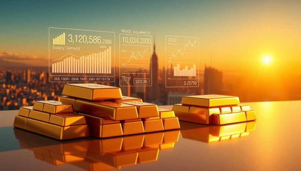 A meticulously rendered digital illustration of the fundamental drivers behind the gold market. In the foreground, a stack of gold bullion bars glinting under warm, directional lighting, casting long shadows across a sleek, reflective surface. In the middle ground, a holographic display showcases key market data - supply and demand figures, price charts, and economic indicators. The background depicts a panoramic cityscape, hinting at the global interconnectedness of the gold trade. The overall composition conveys a sense of stability, precision, and the timeless allure of the precious metal.