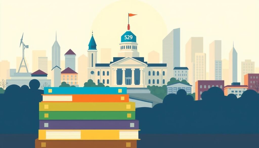 A modern, sleek illustration of 529 education savings plans. In the foreground, a stack of colorful savings account books, each representing a different 529 plan. The middle ground features a stylized university campus building, with a clean, minimalist architectural design. The background showcases a cityscape, with skyscrapers and other modern structures, conveying a sense of progress and opportunity. The lighting is soft, with a warm, inviting glow, creating a sense of security and stability. The overall mood is one of financial responsibility, education, and a bright future. A modern, sleek illustration of 529 education savings plans. In the foreground, a stack of colorful savings account books, each representing a different 529 plan. The middle ground features a stylized university campus building, with a clean, minimalist architectural design. The background showcases a cityscape, with skyscrapers and other modern structures, conveying a sense of progress and opportunity. The lighting is soft, with a warm, inviting glow, creating a sense of security and stability. The overall mood is one of financial responsibility, education, and a bright future.