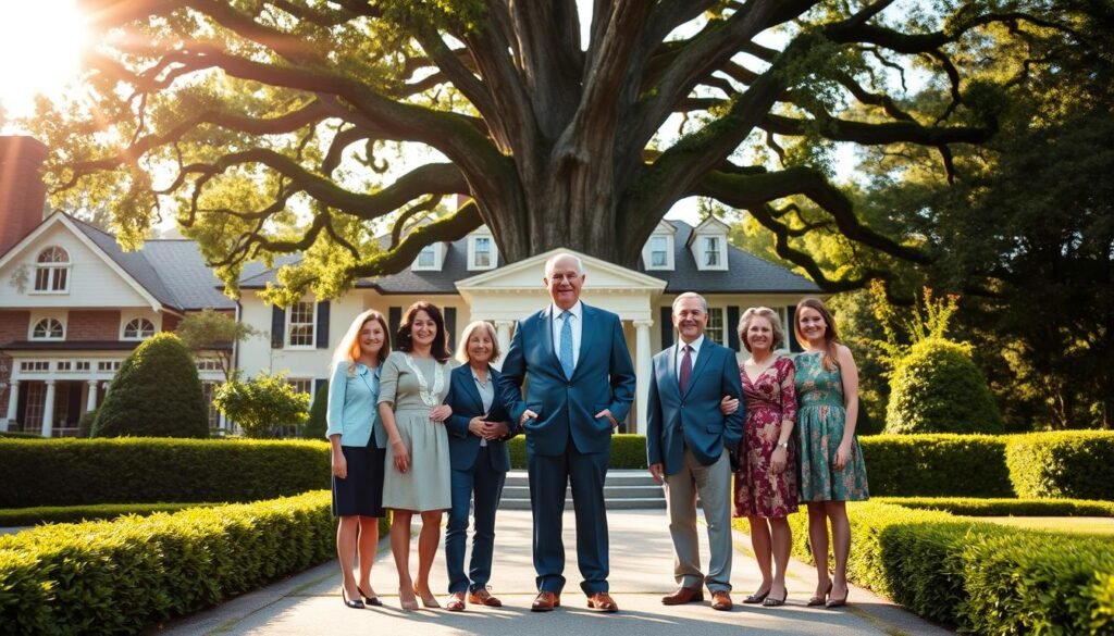 A multi-generational family standing proudly before a stately mansion, surrounded by a lush, well-manicured garden. The patriarch, a distinguished-looking gentleman, stands at the center, flanked by his children and grandchildren, all dressed in formal attire, conveying a sense of legacy and continuity. The sunlight filters through the trees, casting a warm glow on the scene, symbolizing the stability and longevity of the family's wealth. In the background, a towering oak tree stands as a silent witness to the passage of time, its deep roots a metaphor for the family's enduring financial foundation. The composition is balanced and harmonious, reflecting the careful planning and deliberate stewardship of the family's assets across generations. A multi-generational family standing proudly before a stately mansion, surrounded by a lush, well-manicured garden. The patriarch, a distinguished-looking gentleman, stands at the center, flanked by his children and grandchildren, all dressed in formal attire, conveying a sense of legacy and continuity. The sunlight filters through the trees, casting a warm glow on the scene, symbolizing the stability and longevity of the family's wealth. In the background, a towering oak tree stands as a silent witness to the passage of time, its deep roots a metaphor for the family's enduring financial foundation. The composition is balanced and harmonious, reflecting the careful planning and deliberate stewardship of the family's assets across generations.