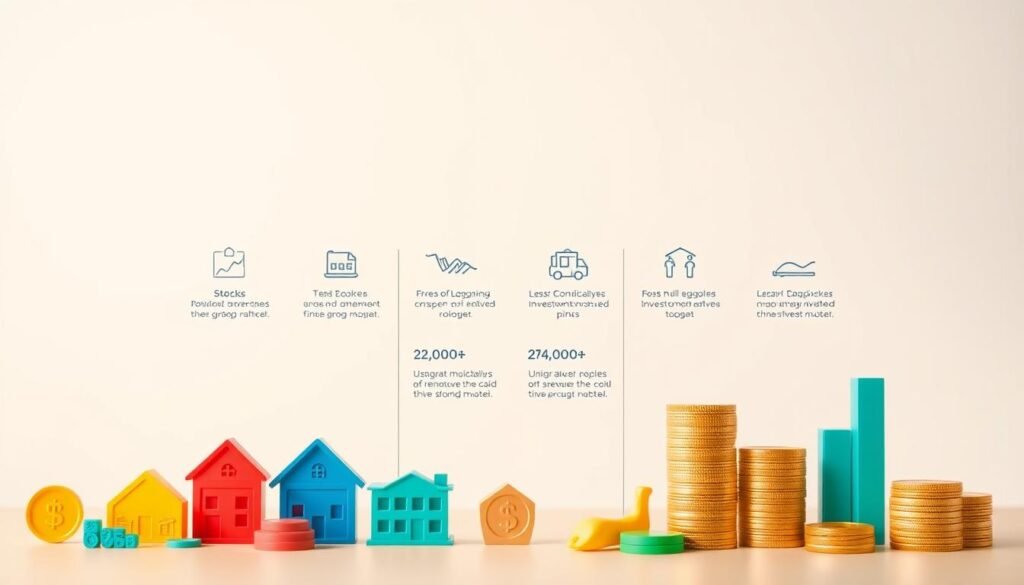 A neatly organized array of investment options typical of a 529 education savings plan, captured in a clean and minimalist illustration. In the foreground, an arrangement of colorful icons representing diverse investment vehicles such as stocks, bonds, mutual funds, and ETFs. The middle ground features sleek, modern infographic elements conveying key details about each option's risk, returns, and suitability for education planning. The background is a soft, neutral gradient, allowing the investment details to take center stage. Lit by diffused, natural-looking lighting, the overall mood is one of clarity, confidence, and financial stability - reflecting the reliable and versatile nature of 529 plan investment choices. A neatly organized array of investment options typical of a 529 education savings plan, captured in a clean and minimalist illustration. In the foreground, an arrangement of colorful icons representing diverse investment vehicles such as stocks, bonds, mutual funds, and ETFs. The middle ground features sleek, modern infographic elements conveying key details about each option's risk, returns, and suitability for education planning. The background is a soft, neutral gradient, allowing the investment details to take center stage. Lit by diffused, natural-looking lighting, the overall mood is one of clarity, confidence, and financial stability - reflecting the reliable and versatile nature of 529 plan investment choices.