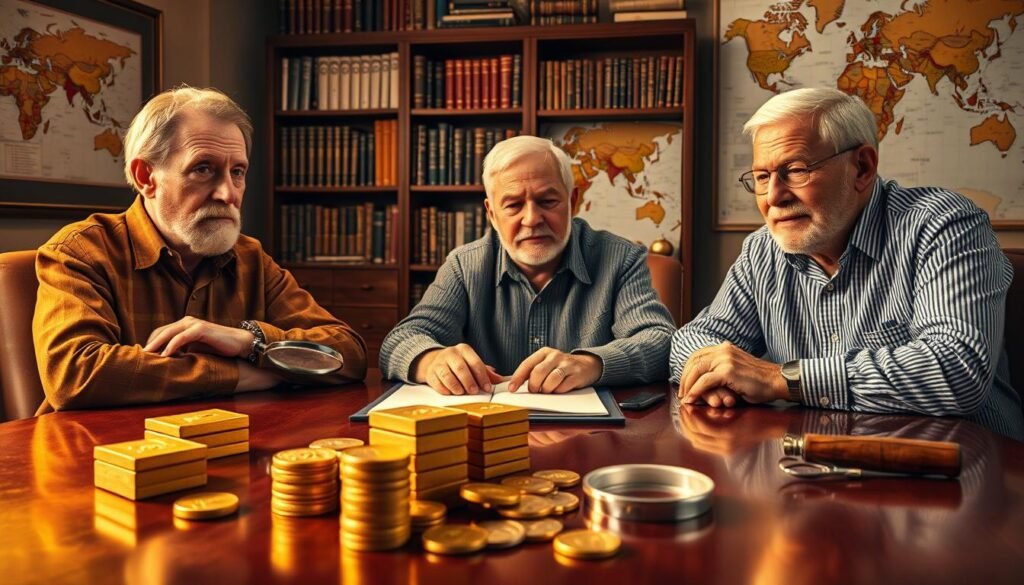 A panel of three seasoned gold investors seated around a polished mahogany table, engrossed in a candid discussion. Warm, directional lighting casts a golden glow, highlighting their weathered yet authoritative faces. In the foreground, stacks of gold bullion, vintage coins, and a magnifying glass hint at their expertise. The background features a bookshelf filled with finance tomes and a world map, conveying their global perspective on the gold market. An air of quiet confidence and financial acumen permeates the scene, befitting a group of veteran investors sharing their insights.