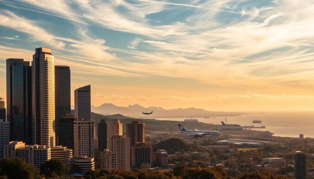 A panoramic landscape depicting the global economic landscape, with diverse cultures, currencies, and industries intertwined. In the foreground, a cluster of towering skyscrapers, each reflecting the sun's rays in a vibrant kaleidoscope of architectural styles. In the middle ground, a bustling international airport, planes taking off and landing against a backdrop of rolling hills and lush greenery. In the distance, a serene coastline, with ships of various flags and sizes sailing the open waters. The sky is filled with wispy clouds, creating a sense of movement and dynamism. Warm, golden lighting bathes the scene, conveying a mood of prosperity and interconnectedness.