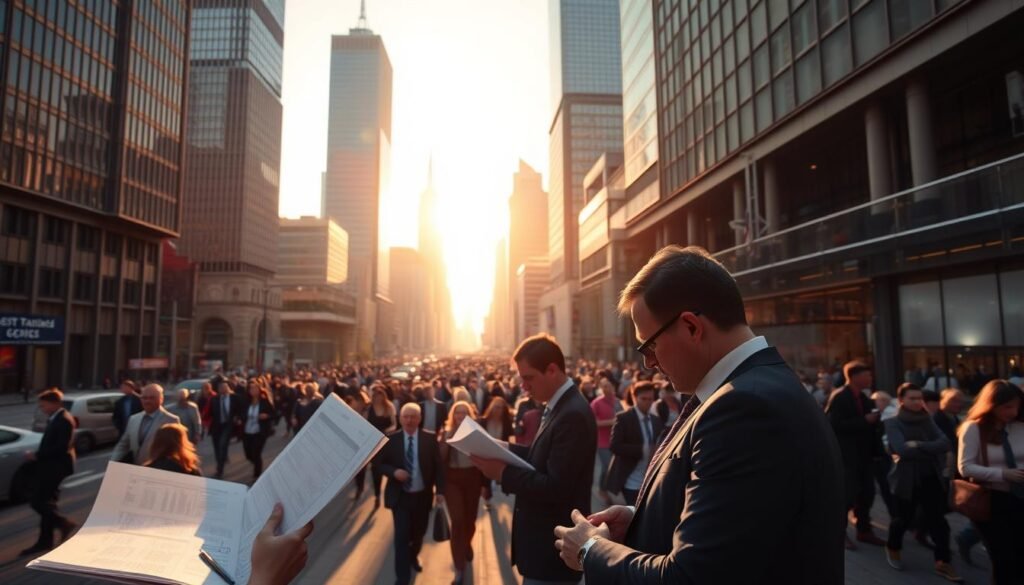 A panoramic view of a bustling financial district in 2025, with towering skyscrapers and modern architectural marvels casting long shadows across the scene. In the foreground, a group of well-dressed professionals examine detailed tax documents, their expressions a mix of contemplation and concern. The middle ground is filled with the hum of activity - people rushing to and fro, engaged in lively discussions about the latest tax code changes. In the background, a golden hue suffuses the sky, creating a sense of warmth and optimism amidst the shifting fiscal landscape. Crisp, high-resolution details, a cinematic depth of field, and an overall tone of anticipation and adaptation.