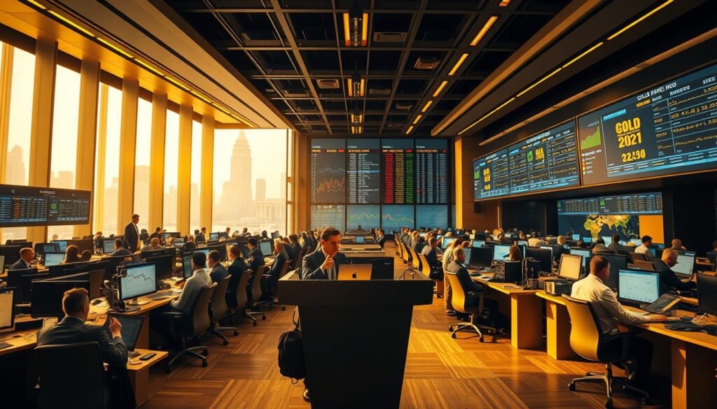 A panoramic view of a bustling gold trading floor, with rows of traders intently monitoring live market data displayed on large screens. Warm, diffused lighting illuminates the scene, casting a golden glow over the polished desks and gleaming metal accents. In the foreground, a central podium stands, where an analyst presents the latest insights on the quarter's gold market performance, their gestures animated as they explain key trends and figures. In the background, the cityscape outside the floor-to-ceiling windows hints at the global reach of this important financial hub.