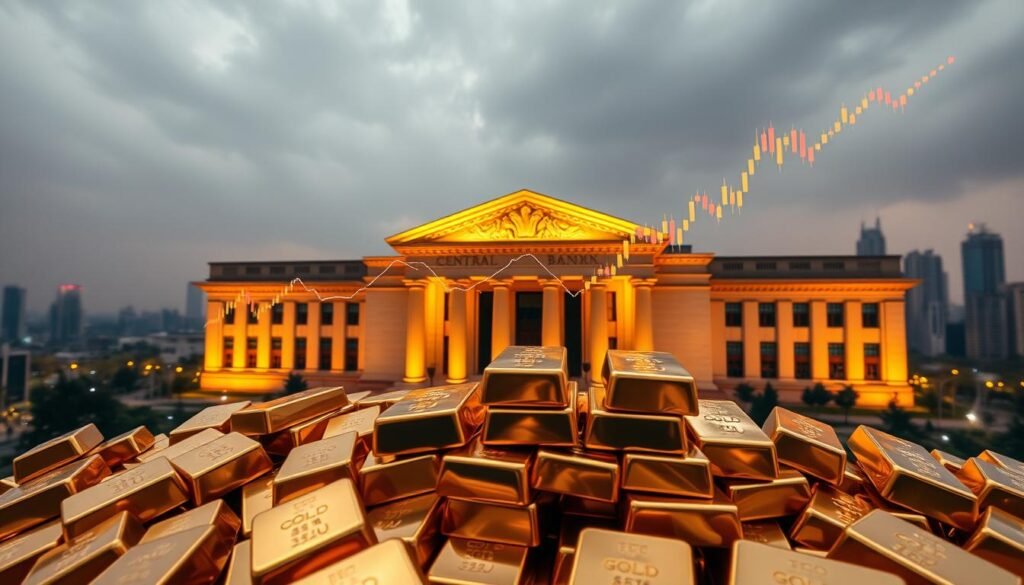 A panoramic view of a central bank headquarters, its imposing architecture and grand facade illuminated by warm, directional lighting. In the foreground, a pile of gleaming gold bars, their reflective surfaces catching the light. In the middle ground, financial data and charts hover in the air, depicting the correlation between central bank policies and fluctuations in gold prices. The background is hazy, with a cityscape of skyscrapers and a cloudy sky, conveying the broader economic context. The overall mood is one of authority, stability, and the interplay between monetary policy and the precious metals market.