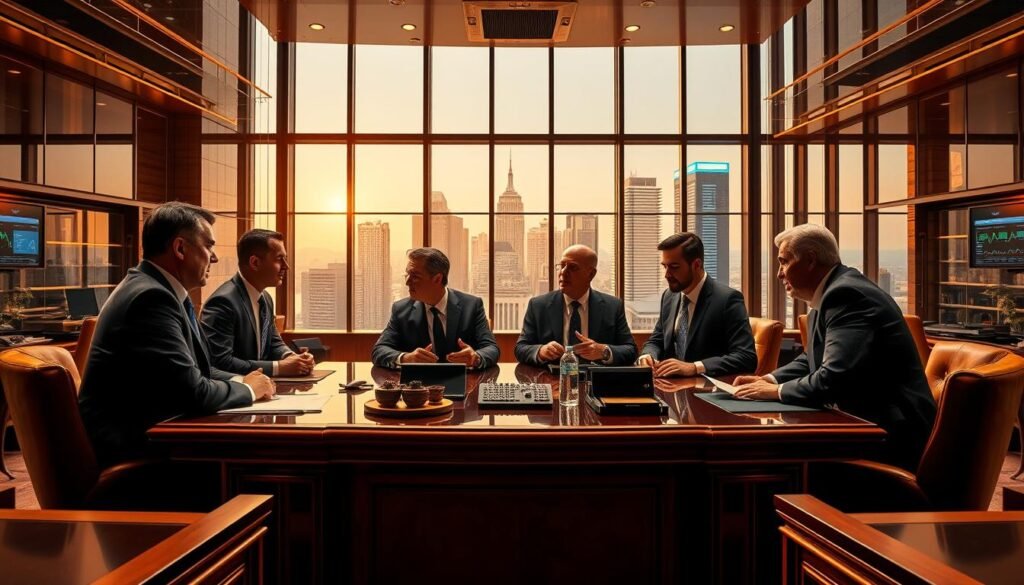 A panoramic view of a gleaming, gilded trading floor, with a group of distinguished finance experts engrossed in animated discussion. The scene is bathed in a warm, amber glow, casting a contemplative atmosphere. In the foreground, elegant wooden desks and leather chairs frame the central tableau, while behind them, towering windows offer a glimpse of a bustling cityscape. The experts, donning impeccable suits, lean forward intently, their expressions a mix of concentration and insight, as they ponder the future trajectory of the precious metal. Subtle data visualizations and charts hover in the air, providing the backdrop for their authoritative predictions. The overall composition conveys a sense of authority, precision, and the weight of experienced judgment.
