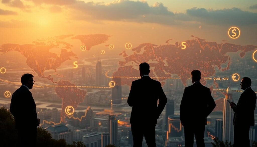A panoramic view of a global financial landscape, with stock charts and currency symbols floating against a backdrop of interconnected cities and financial centers. Warm, golden lighting illuminates the scene, conveying a sense of stability and growth. In the foreground, the silhouettes of business leaders and policymakers stand in contemplation, their movements conveying a sense of deliberation as they navigate the complex web of economic forces. The image evokes a mood of cautious optimism, hinting at the potential impact of global rate cuts on the performance of assets like gold. A panoramic view of a global financial landscape, with stock charts and currency symbols floating against a backdrop of interconnected cities and financial centers. Warm, golden lighting illuminates the scene, conveying a sense of stability and growth. In the foreground, the silhouettes of business leaders and policymakers stand in contemplation, their movements conveying a sense of deliberation as they navigate the complex web of economic forces. The image evokes a mood of cautious optimism, hinting at the potential impact of global rate cuts on the performance of assets like gold.