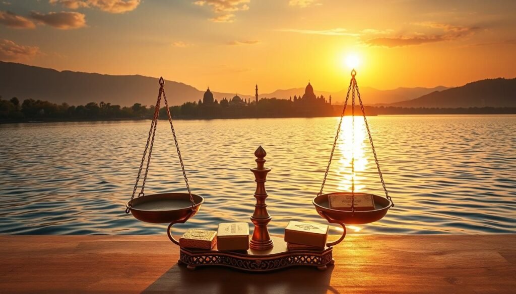 A panoramic view of a timeless landscape, where the golden rays of the sun dance across the rippling waters of a tranquil lake. In the foreground, a pair of ornate scales, their balance delicately tipping between the gleaming ingots of gold and silver, symbolizing the enduring relationship between these precious metals. In the middle ground, a series of historical charts and graphs unfold, charting the ebb and flow of the gold-silver ratio throughout the centuries, a visual testament to the dynamic interplay between these coveted commodities. In the distance, the silhouettes of ancient temples and monuments stand as silent witnesses to the timeless appeal of these elemental treasures. Soft, diffused lighting casts a warm, nostalgic glow over the entire scene, evoking a sense of timeless elegance and the weight of historical significance.