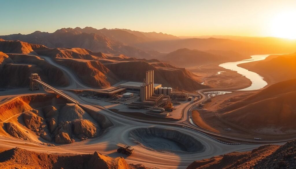 A panoramic vista of the gold mining industry cycle, showcased against a backdrop of rugged, sun-drenched mountains. In the foreground, a bustling open-pit mine, its massive excavators and trucks churning up the earth, unearthing the precious metal. The middle ground features a processing plant, its towering silos and conveyor belts transforming the raw ore into shimmering gold ingots. In the distance, a winding river reflects the golden hue of the setting sun, while a network of roads and railways connect the various stages of the mining operation. The scene is bathed in a warm, golden light, conveying a sense of the industry's wealth and prosperity.