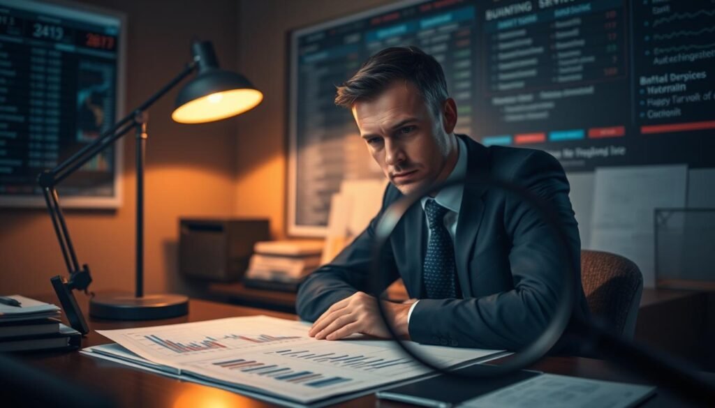 A pensive investor sits at a desk, surrounded by financial charts and graphs. The room is dimly lit, with a warm, amber glow from a desk lamp casting shadows on the walls. The investor's expression is one of deep concentration, as they carefully scrutinize the data before them. In the foreground, a magnifying glass hovers over the charts, symbolizing the investor's intense focus and the cognitive biases that may influence their decision-making. The background is hazy, with blurred financial tickers and news headlines, representing the overwhelming amount of information an investor must process. The overall atmosphere conveys the psychological complexities and potential pitfalls inherent in investment decisions. A pensive investor sits at a desk, surrounded by financial charts and graphs. The room is dimly lit, with a warm, amber glow from a desk lamp casting shadows on the walls. The investor's expression is one of deep concentration, as they carefully scrutinize the data before them. In the foreground, a magnifying glass hovers over the charts, symbolizing the investor's intense focus and the cognitive biases that may influence their decision-making. The background is hazy, with blurred financial tickers and news headlines, representing the overwhelming amount of information an investor must process. The overall atmosphere conveys the psychological complexities and potential pitfalls inherent in investment decisions.