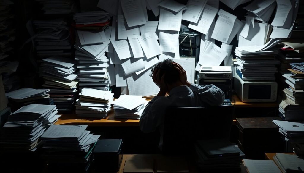 A person sitting at a desk, looking overwhelmed by a multitude of documents, files, and electronic devices. The lighting is dim, casting long shadows and creating a sense of mental fatigue. The figure's posture is slumped, shoulders heavy, head in hands, conveying the psychological weight of decision-making. The background is cluttered, with a sense of chaos and indecision, symbolizing the challenge of navigating complex financial choices. The overall atmosphere is one of mental exhaustion, reflecting the concept of "decision fatigue" in the investment process. A person sitting at a desk, looking overwhelmed by a multitude of documents, files, and electronic devices. The lighting is dim, casting long shadows and creating a sense of mental fatigue. The figure's posture is slumped, shoulders heavy, head in hands, conveying the psychological weight of decision-making. The background is cluttered, with a sense of chaos and indecision, symbolizing the challenge of navigating complex financial choices. The overall atmosphere is one of mental exhaustion, reflecting the concept of "decision fatigue" in the investment process.