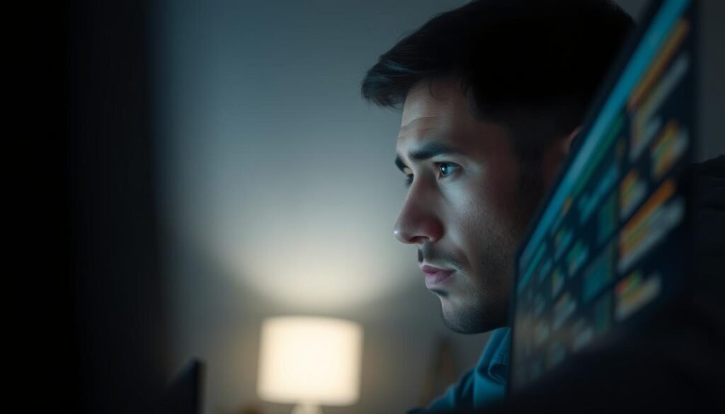 A person staring intently at a computer screen, their face illuminated by the glow of the display. The foreground is sharp, capturing the individual's concentrated expression, their eyes locked on the information in front of them. The middle ground blurs slightly, suggesting the surrounding environment is less important, while the background is hazy, hinting at the isolated, introspective nature of the scene. The lighting is soft and diffuse, creating a contemplative atmosphere. The camera angle is slightly elevated, giving the viewer a sense of observing the subject's internal thought process. The overall mood conveys the idea of confirmation bias, where an individual selectively processes information to reinforce their existing beliefs.