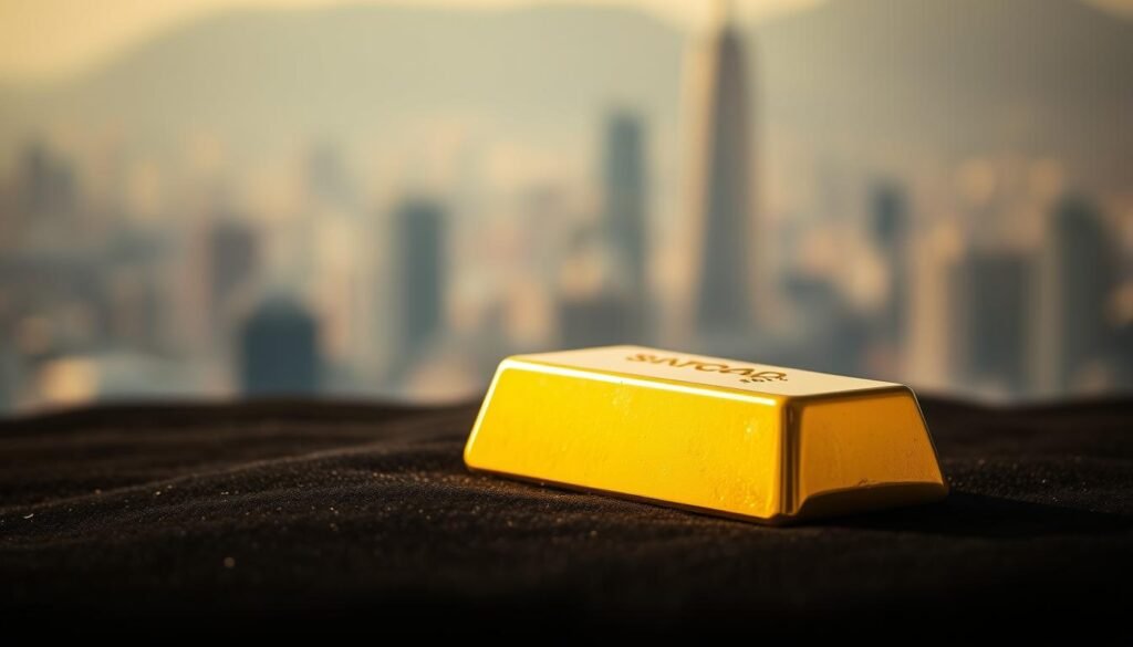 A pristine gold bar rests on a black velvet surface, its lustrous surface reflecting the soft, warm lighting that illuminates the scene. In the background, a hazy, blurred cityscape provides a subtle context, conveying the idea of wealth and prosperity. The image is captured with a shallow depth of field, placing the focus squarely on the gold bar, emphasizing its importance and centrality to the composition. The overall mood is one of refinement, exclusivity, and the inherent value that high-net-worth individuals place on this precious metal as a strategic investment. A pristine gold bar rests on a black velvet surface, its lustrous surface reflecting the soft, warm lighting that illuminates the scene. In the background, a hazy, blurred cityscape provides a subtle context, conveying the idea of wealth and prosperity. The image is captured with a shallow depth of field, placing the focus squarely on the gold bar, emphasizing its importance and centrality to the composition. The overall mood is one of refinement, exclusivity, and the inherent value that high-net-worth individuals place on this precious metal as a strategic investment.