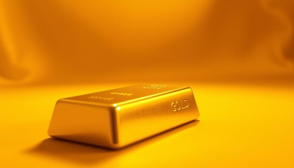 A pristine gold bullion bar gleams under the warm, golden light of a classic studio setup. The smooth surface reflects the soft shadows and highlights, creating a sense of depth and dimension. In the foreground, the gold bar stands as a timeless symbol of wealth and stability, its weight and solidity conveying a tangible feeling of security. The middle ground is filled with a subtle, elegant backdrop, perhaps a textured fabric or a minimalist geometric pattern, allowing the gold to take center stage. The overall atmosphere is one of refined sophistication, conveying the enduring allure and reliability of gold as a safe haven for investors, even in turbulent times.