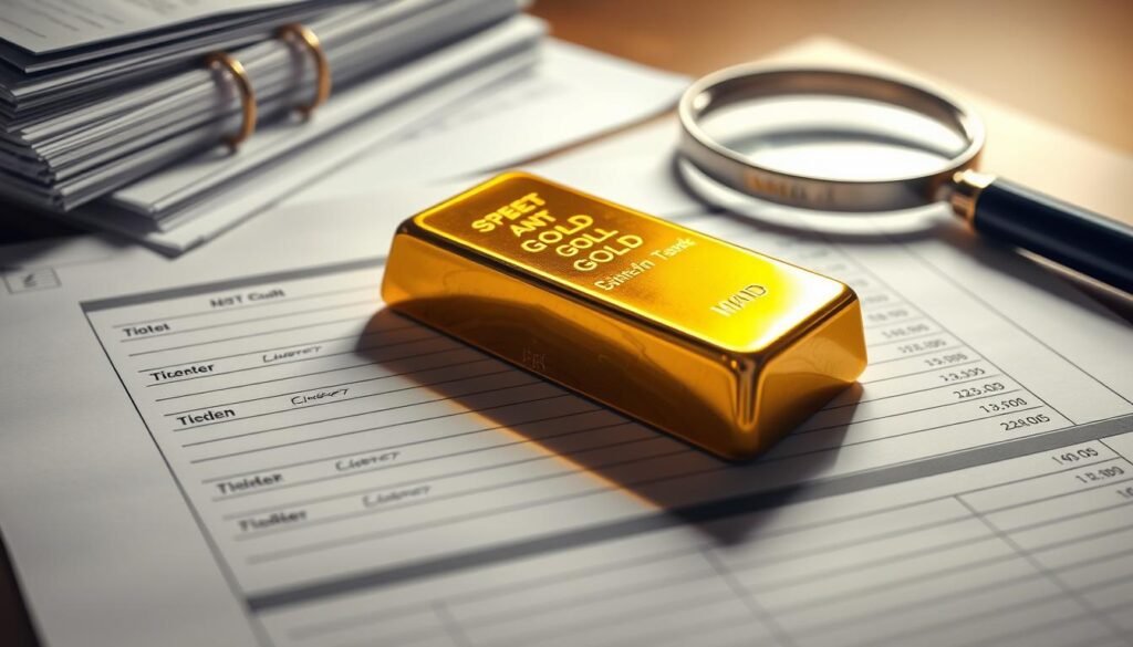 A pristine golden bullion bar rests upon a meticulously organized ledger, casting a warm reflection on the surface. In the background, a stack of legal documents and a magnifying glass allude to the intricacies of gold investment taxation. The scene is illuminated by a soft, directional light, creating a pensive and contemplative atmosphere. The overall composition conveys the delicate balance between the tangible wealth of gold and the complex web of financial regulations surrounding its ownership and trade.