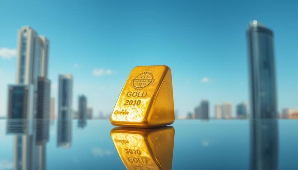 A pristine golden ingot rests on a reflective glass surface, casting a warm glow. The ingot is illuminated from above by a soft, diffused light, creating subtle highlights and shadows that accentuate its intricate texture and lustre. In the background, a blurred cityscape with towering skyscrapers and a clear blue sky conveys a sense of prosperity and financial stability. The composition is balanced, with the ingot occupying the central focus, surrounded by a clean, minimalist environment that emphasizes its value as a coveted investment asset.