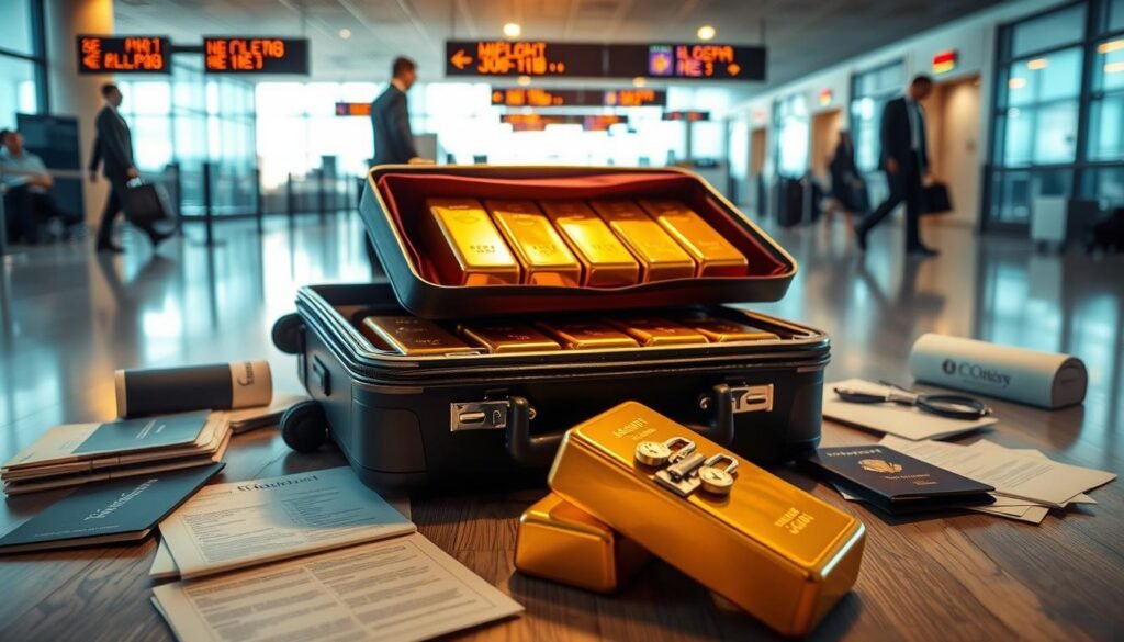 A professional, high-resolution photograph showcasing the international gold transport laws. In the foreground, a suitcase filled with gold bars, its sturdy locks and clasps reflecting the warm, directional lighting. In the middle ground, official-looking documents, passports, and currency exchange guides lay scattered, hinting at the complex paperwork required. The background depicts an airport terminal, with security checkpoints and customs officers keeping a watchful eye. The overall atmosphere conveys a sense of careful regulation, with the golden glow evoking the value and importance of legally transporting precious metals across borders. A professional, high-resolution photograph showcasing the international gold transport laws. In the foreground, a suitcase filled with gold bars, its sturdy locks and clasps reflecting the warm, directional lighting. In the middle ground, official-looking documents, passports, and currency exchange guides lay scattered, hinting at the complex paperwork required. The background depicts an airport terminal, with security checkpoints and customs officers keeping a watchful eye. The overall atmosphere conveys a sense of careful regulation, with the golden glow evoking the value and importance of legally transporting precious metals across borders.