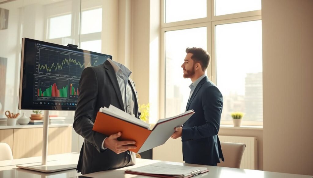 A professional investment advisor standing at a desk, examining a portfolio of financial documents and a computer screen displaying charts and graphs. The scene is set in a modern, well-lit office with clean lines and neutral tones. Sunlight streams in through large windows, casting a warm glow over the scene. The advisor appears to be deep in thought, weighing the optimal timing for rebalancing a client's portfolio after a recent gold price surge. The image conveys a sense of contemplation and attention to detail, reflecting the nuanced decision-making involved in determining the best moment to rebalance one's investments.