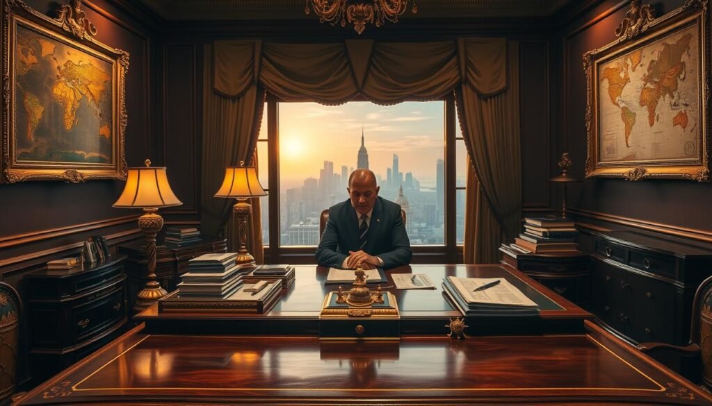 A regal and opulent scene depicting the inner workings of a royalty investment company. In the foreground, a grand mahogany desk is adorned with shimmering gold accents, a vintage lamp, and a stack of financial documents. Behind it, a large window frames a sweeping cityscape, bathed in the warm glow of the setting sun. On the walls, hang ornate gold-framed paintings and antique maps, conveying a sense of history and prestige. The room is illuminated by soft, ambient lighting, creating a refined and sophisticated atmosphere. In the middle ground, a well-dressed executive sits at the desk, deep in contemplation, surrounded by the trappings of wealth and power. The overall impression is one of refined elegance, careful consideration, and the lucrative nature of royalty investments. A regal and opulent scene depicting the inner workings of a royalty investment company. In the foreground, a grand mahogany desk is adorned with shimmering gold accents, a vintage lamp, and a stack of financial documents. Behind it, a large window frames a sweeping cityscape, bathed in the warm glow of the setting sun. On the walls, hang ornate gold-framed paintings and antique maps, conveying a sense of history and prestige. The room is illuminated by soft, ambient lighting, creating a refined and sophisticated atmosphere. In the middle ground, a well-dressed executive sits at the desk, deep in contemplation, surrounded by the trappings of wealth and power. The overall impression is one of refined elegance, careful consideration, and the lucrative nature of royalty investments.