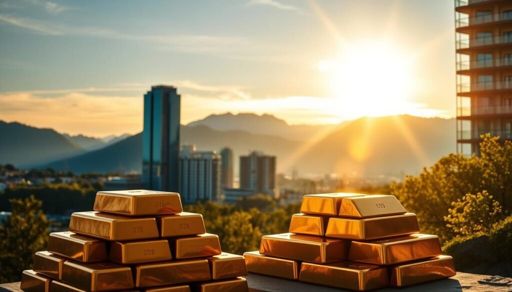A serene European landscape, bathed in warm, golden light. In the foreground, a stack of gold bars, gleaming and reflecting the sun's rays. In the middle ground, a group of modern, glass-and-steel high-rise buildings, representing the European financial centers. In the background, a majestic mountain range, silhouetted against a vibrant, cloudless sky. The scene conveys a sense of stability, prosperity, and the enduring allure of gold as a safe haven investment. The lighting is soft, with dramatic shadows and highlights emphasizing the precious metal's timeless appeal. The camera angle is slightly elevated, providing a panoramic view of the European gold ETF market dynamics. A serene European landscape, bathed in warm, golden light. In the foreground, a stack of gold bars, gleaming and reflecting the sun's rays. In the middle ground, a group of modern, glass-and-steel high-rise buildings, representing the European financial centers. In the background, a majestic mountain range, silhouetted against a vibrant, cloudless sky. The scene conveys a sense of stability, prosperity, and the enduring allure of gold as a safe haven investment. The lighting is soft, with dramatic shadows and highlights emphasizing the precious metal's timeless appeal. The camera angle is slightly elevated, providing a panoramic view of the European gold ETF market dynamics.