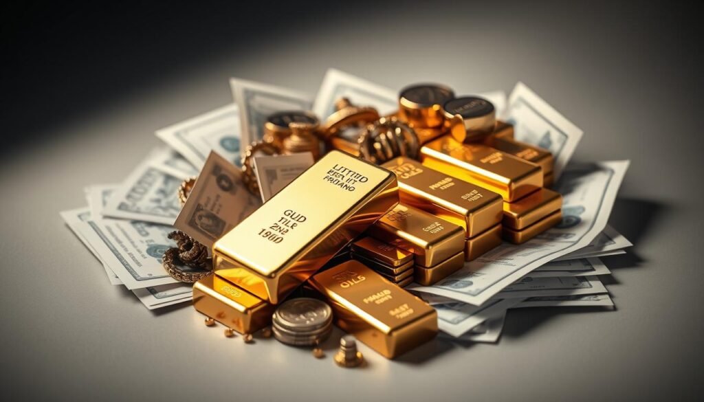 A serene and meticulously curated investment portfolio, anchored by gleaming gold bars meticulously arranged, nestled amidst a diversified array of financial instruments - stocks, bonds, and other assets. The lighting is soft and warm, casting a glow that highlights the polished surfaces and the harmonious interplay of the various elements. The composition is balanced, with the gold taking center stage, surrounded by the supporting cast of financial instruments, all against a backdrop of a muted, minimalist space that conveys a sense of stability and security. A serene and meticulously curated investment portfolio, anchored by gleaming gold bars meticulously arranged, nestled amidst a diversified array of financial instruments - stocks, bonds, and other assets. The lighting is soft and warm, casting a glow that highlights the polished surfaces and the harmonious interplay of the various elements. The composition is balanced, with the gold taking center stage, surrounded by the supporting cast of financial instruments, all against a backdrop of a muted, minimalist space that conveys a sense of stability and security.