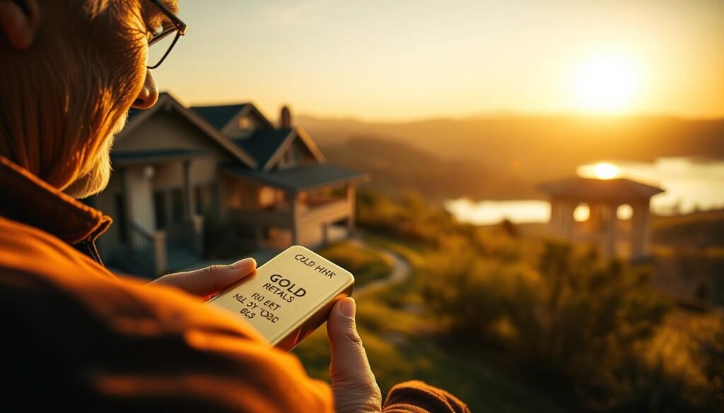 A serene and prosperous retirement scene, bathed in the warm, golden glow of a setting sun. In the foreground, a retiree contemplates a gleaming gold bar, symbolic of the strategic role of precious metals in their investment portfolio. The middle ground features a tastefully appointed home, reflecting the comfort and security that gold can provide in one's golden years. The background depicts a tranquil landscape, with rolling hills and a calm, reflective lake, evoking a sense of peaceful prosperity. The lighting is soft and diffused, creating a dreamlike, aspirational atmosphere. Captured through a wide-angle lens, the composition conveys a sense of balance, wisdom, and financial well-being. A serene and prosperous retirement scene, bathed in the warm, golden glow of a setting sun. In the foreground, a retiree contemplates a gleaming gold bar, symbolic of the strategic role of precious metals in their investment portfolio. The middle ground features a tastefully appointed home, reflecting the comfort and security that gold can provide in one's golden years. The background depicts a tranquil landscape, with rolling hills and a calm, reflective lake, evoking a sense of peaceful prosperity. The lighting is soft and diffused, creating a dreamlike, aspirational atmosphere. Captured through a wide-angle lens, the composition conveys a sense of balance, wisdom, and financial well-being.