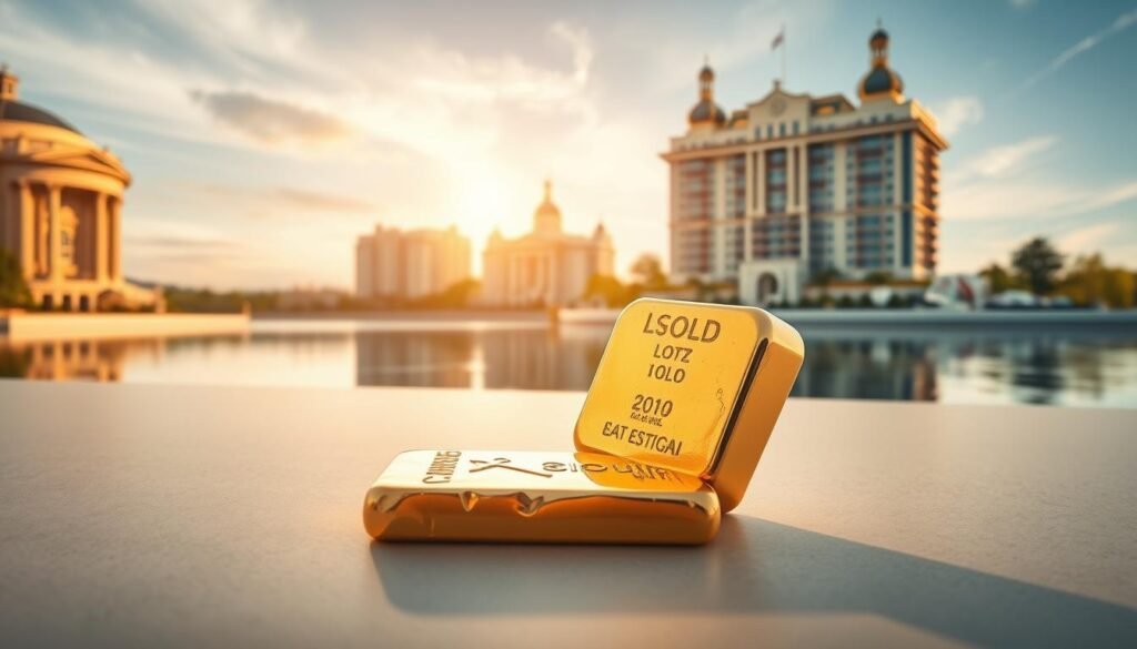 A serene and sophisticated landscape of wealth preservation strategies. In the foreground, a gleaming gold ingot rests on a smooth, polished surface, symbolizing the timeless value of precious metals. In the middle ground, elegant buildings with grand architecture stand tall, representing the stability and long-term investment potential of real estate. In the background, a tranquil lake reflects the sky, creating a sense of balance and harmony. The scene is bathed in warm, golden light, conveying a sense of security and prosperity. A wide-angle lens captures the scene, emphasizing the interconnectedness of these wealth preservation pillars. A serene and sophisticated landscape of wealth preservation strategies. In the foreground, a gleaming gold ingot rests on a smooth, polished surface, symbolizing the timeless value of precious metals. In the middle ground, elegant buildings with grand architecture stand tall, representing the stability and long-term investment potential of real estate. In the background, a tranquil lake reflects the sky, creating a sense of balance and harmony. The scene is bathed in warm, golden light, conveying a sense of security and prosperity. A wide-angle lens captures the scene, emphasizing the interconnectedness of these wealth preservation pillars.