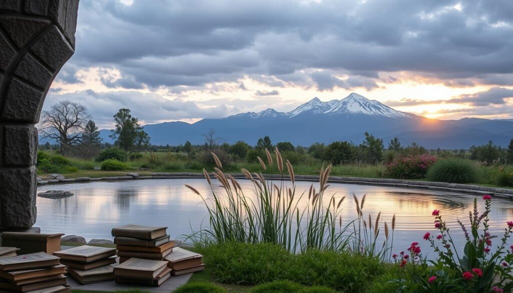 A serene and stoic landscape depicting the historical role of bonds in defensive portfolios. In the foreground, a solid stone archway frames a tranquil pond, its surface reflecting the cloudy sky above. Scattered around the water's edge are stacks of weathered ledgers and books, symbolizing the careful record-keeping and analysis inherent in bond strategy. The middle ground features a lush, verdant garden, where tall, swaying grasses and blooming wildflowers suggest the steady, reliable growth that bonds can provide. In the distance, a majestic, snow-capped mountain range rises, its peaks bathed in the warm glow of a setting sun, evoking the sense of stability and security that bonds have historically offered investors. The overall scene conveys a sense of timeless, classic elegance, befitting the traditional role of bonds in risk-off portfolios. A serene and stoic landscape depicting the historical role of bonds in defensive portfolios. In the foreground, a solid stone archway frames a tranquil pond, its surface reflecting the cloudy sky above. Scattered around the water's edge are stacks of weathered ledgers and books, symbolizing the careful record-keeping and analysis inherent in bond strategy. The middle ground features a lush, verdant garden, where tall, swaying grasses and blooming wildflowers suggest the steady, reliable growth that bonds can provide. In the distance, a majestic, snow-capped mountain range rises, its peaks bathed in the warm glow of a setting sun, evoking the sense of stability and security that bonds have historically offered investors. The overall scene conveys a sense of timeless, classic elegance, befitting the traditional role of bonds in risk-off portfolios.