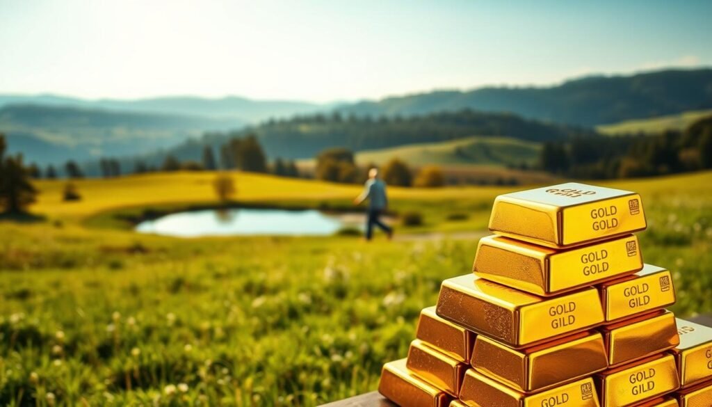 A serene and tranquil scene of a retirement planning concept, featuring a stack of shiny gold bars prominently displayed in the foreground. The bars are set against a backdrop of a peaceful, sun-dappled meadow, with rolling hills and a distant forest in the distance. The lighting is soft and warm, creating a sense of comfort and security. In the middle ground, a picturesque pond reflects the surrounding natural beauty, and a lone elderly couple strolls hand-in-hand, symbolizing the enduring value of gold in retirement planning. The overall atmosphere conveys a feeling of stability, prosperity, and the timeless allure of this precious metal as a reliable investment for the golden years.