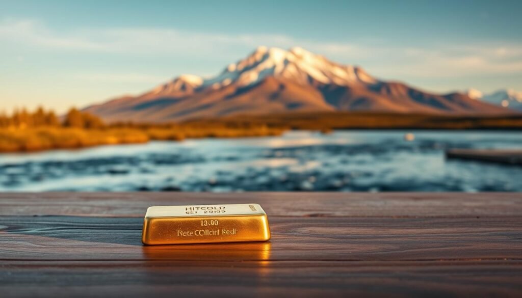 A serene and tranquil scene showcasing the principles of defensive investing strategies. In the foreground, a solid gold bar rests upon a meticulously polished wooden table, symbolizing the reliability and security of precious metals as a safe-haven asset. The middle ground features a gently flowing river, its calm waters reflecting the surrounding landscape, representing the stability and low-risk nature of defensive investments. In the background, a majestic mountain range stands tall, its snow-capped peaks bathed in warm, golden light, evoking a sense of strength and endurance. The overall mood is one of confidence, resilience, and a steadfast commitment to preserving wealth in the face of market volatility.