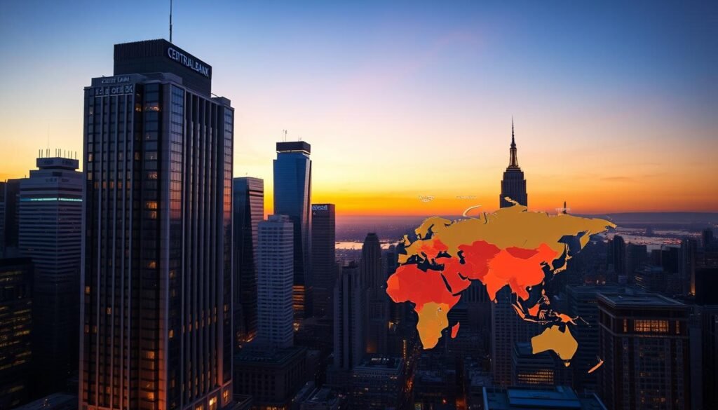 A serene cityscape at dusk, with skyscrapers illuminated against a warm, golden sky. In the foreground, a central bank building stands tall, its facade reflecting the fading sunlight. Surrounding it, a network of financial institutions and stock exchanges, their windows glowing softly. In the middle ground, a heatmap visualization depicts the global financial landscape, with regions of varying colors representing the current interest rate environment. The background features a subtle silhouette of the Earth, emphasizing the worldwide implications of the central bank's decisions. The scene conveys a sense of contemplation and anticipation, as the world waits to see the effects of the predicted rate cuts on the gold market. A serene cityscape at dusk, with skyscrapers illuminated against a warm, golden sky. In the foreground, a central bank building stands tall, its facade reflecting the fading sunlight. Surrounding it, a network of financial institutions and stock exchanges, their windows glowing softly. In the middle ground, a heatmap visualization depicts the global financial landscape, with regions of varying colors representing the current interest rate environment. The background features a subtle silhouette of the Earth, emphasizing the worldwide implications of the central bank's decisions. The scene conveys a sense of contemplation and anticipation, as the world waits to see the effects of the predicted rate cuts on the gold market.