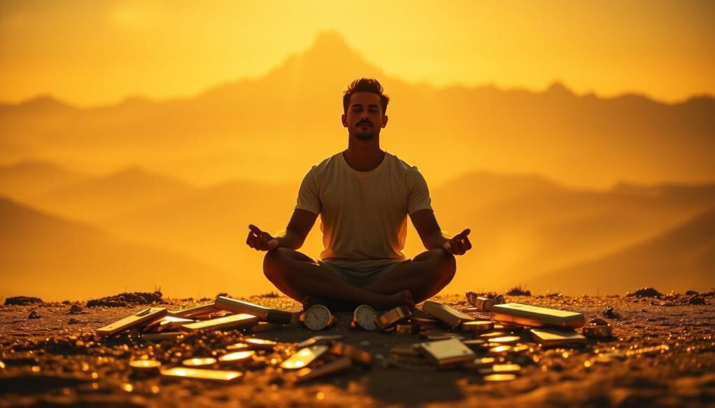 A serene, contemplative landscape bathed in warm, golden light. In the foreground, a single person sits cross-legged, their eyes closed in deep meditation. Surrounding them, a scattering of gold coins, bars, and jewelry, each reflecting the celestial glow. In the middle ground, a towering mountain range, its peaks capped in glittering snow. The background fades into a hazy, dreamlike horizon, evoking a sense of timelessness and the eternal allure of wealth. The overall mood is one of introspection, where the material and the spiritual coexist in a delicate balance, reflecting the complex psychology of gold investment. A serene, contemplative landscape bathed in warm, golden light. In the foreground, a single person sits cross-legged, their eyes closed in deep meditation. Surrounding them, a scattering of gold coins, bars, and jewelry, each reflecting the celestial glow. In the middle ground, a towering mountain range, its peaks capped in glittering snow. The background fades into a hazy, dreamlike horizon, evoking a sense of timelessness and the eternal allure of wealth. The overall mood is one of introspection, where the material and the spiritual coexist in a delicate balance, reflecting the complex psychology of gold investment.