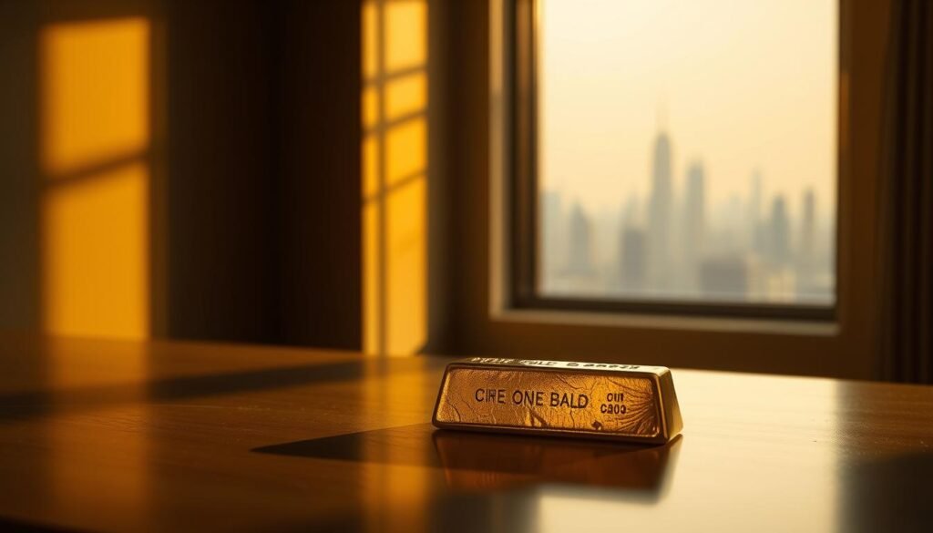 A serene, dimly lit interior setting with a prominent gold ingot or bar resting on a smooth, reflective surface. The gold item is bathed in warm, soft lighting, casting a golden glow across the scene. In the background, a window or opening reveals a distant, hazy cityscape, symbolizing the global economic landscape. The atmosphere conveys a sense of security, stability, and timelessness associated with gold as a safe-haven asset during times of uncertainty and crisis. A serene, dimly lit interior setting with a prominent gold ingot or bar resting on a smooth, reflective surface. The gold item is bathed in warm, soft lighting, casting a golden glow across the scene. In the background, a window or opening reveals a distant, hazy cityscape, symbolizing the global economic landscape. The atmosphere conveys a sense of security, stability, and timelessness associated with gold as a safe-haven asset during times of uncertainty and crisis.